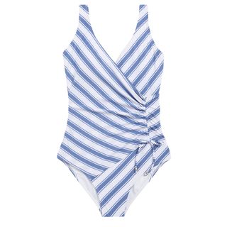 Blue/white Stripe Ruched Side Tummy Shaping Control Swimsuit