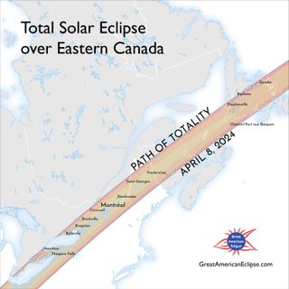 a map over eastern canada showing the path of eclipse totality.