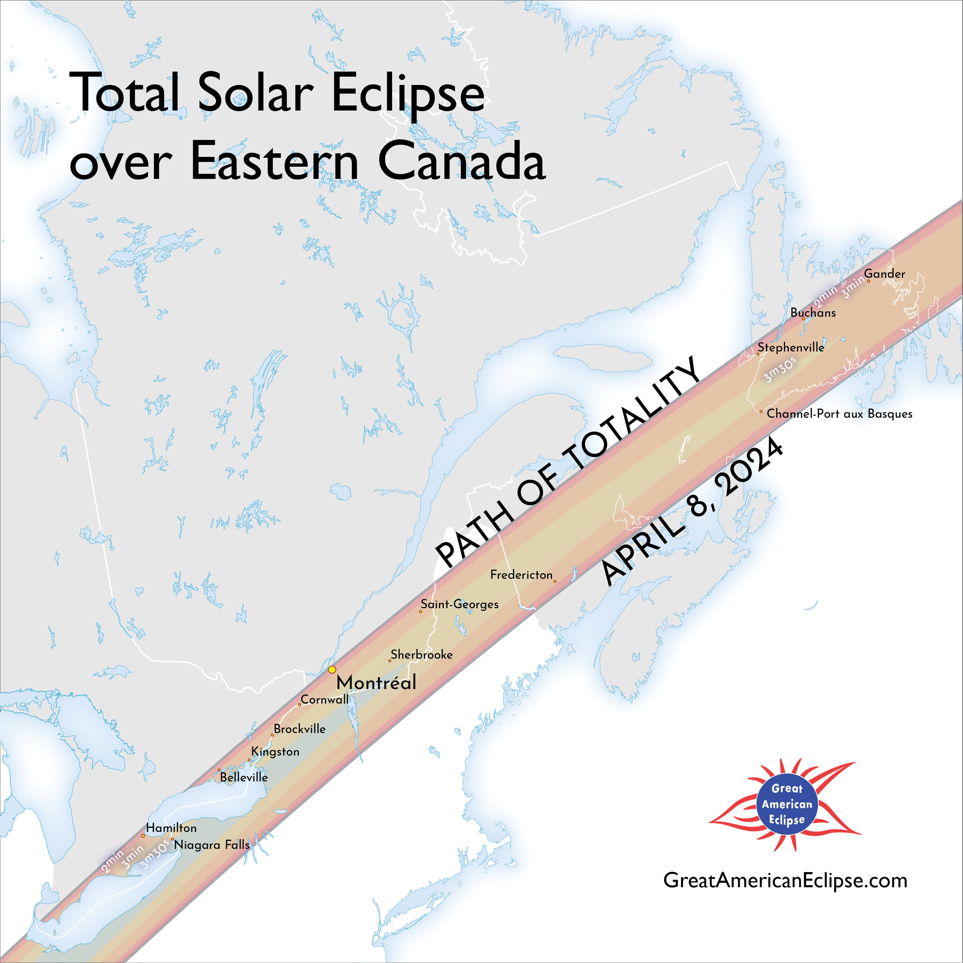 a map over eastern canada showing the path of eclipse totality.