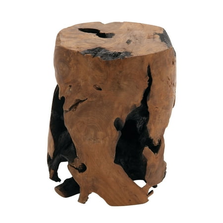 Decmode Teak Wood Handmade Live Edge Stump Stool With Charred Detailing, Brown