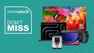 Collage of Insignia TV, MacBook Pro, Galaxy Tab, Apple Watch and Bella air fryer from the Best Buy Flash sale