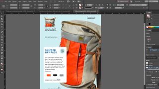 Advertisement for backpack being laid out in Adobe InDesign interface