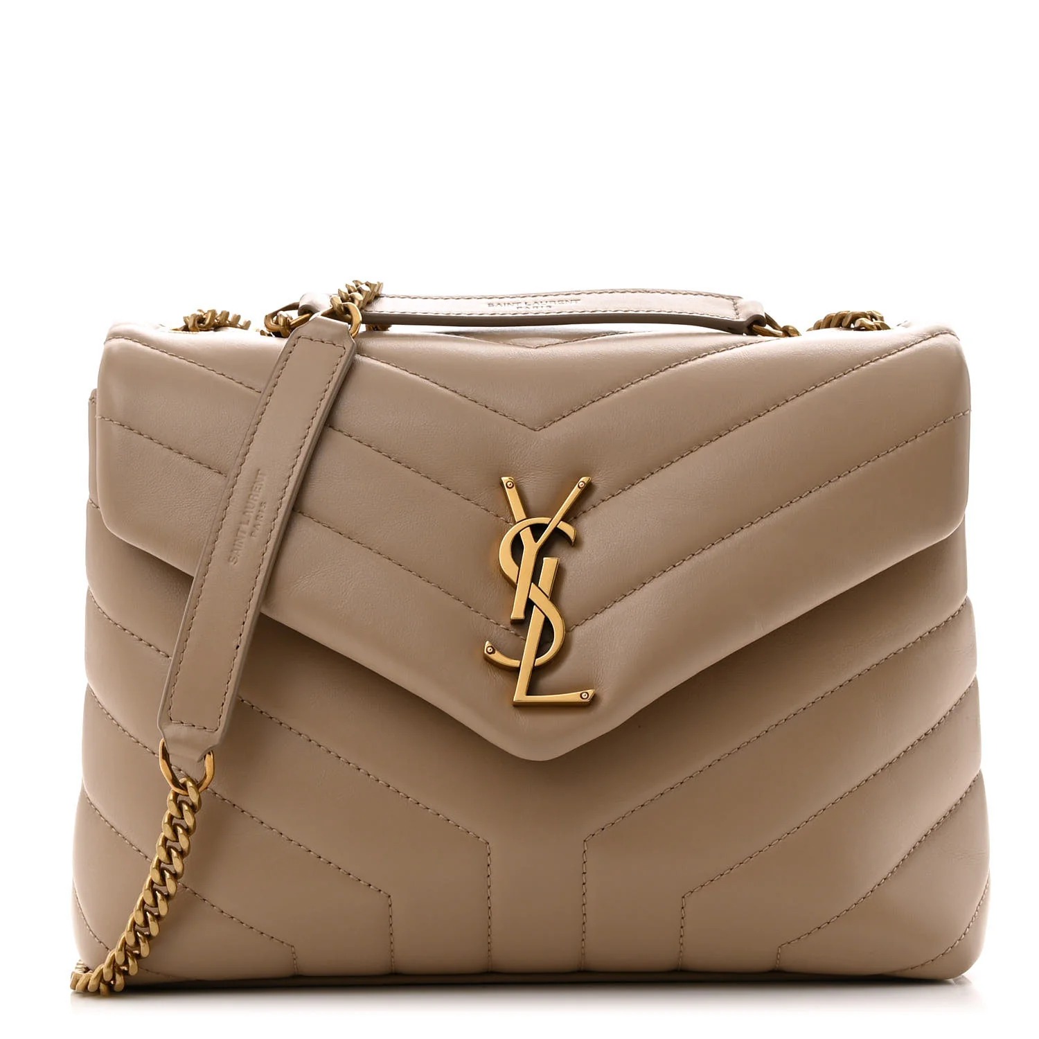 Saint Laurent, Calfskin Y Quilted Monogram Small Loulou Chain Satchel Dark Beige
