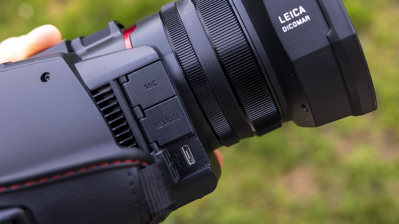 A side view of the ports on the Panasonic HC-X1500 camcorder