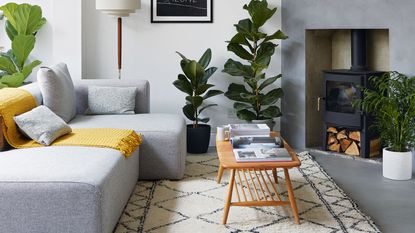 grey and white living room with fireplace, berber rug and wooden coffee table