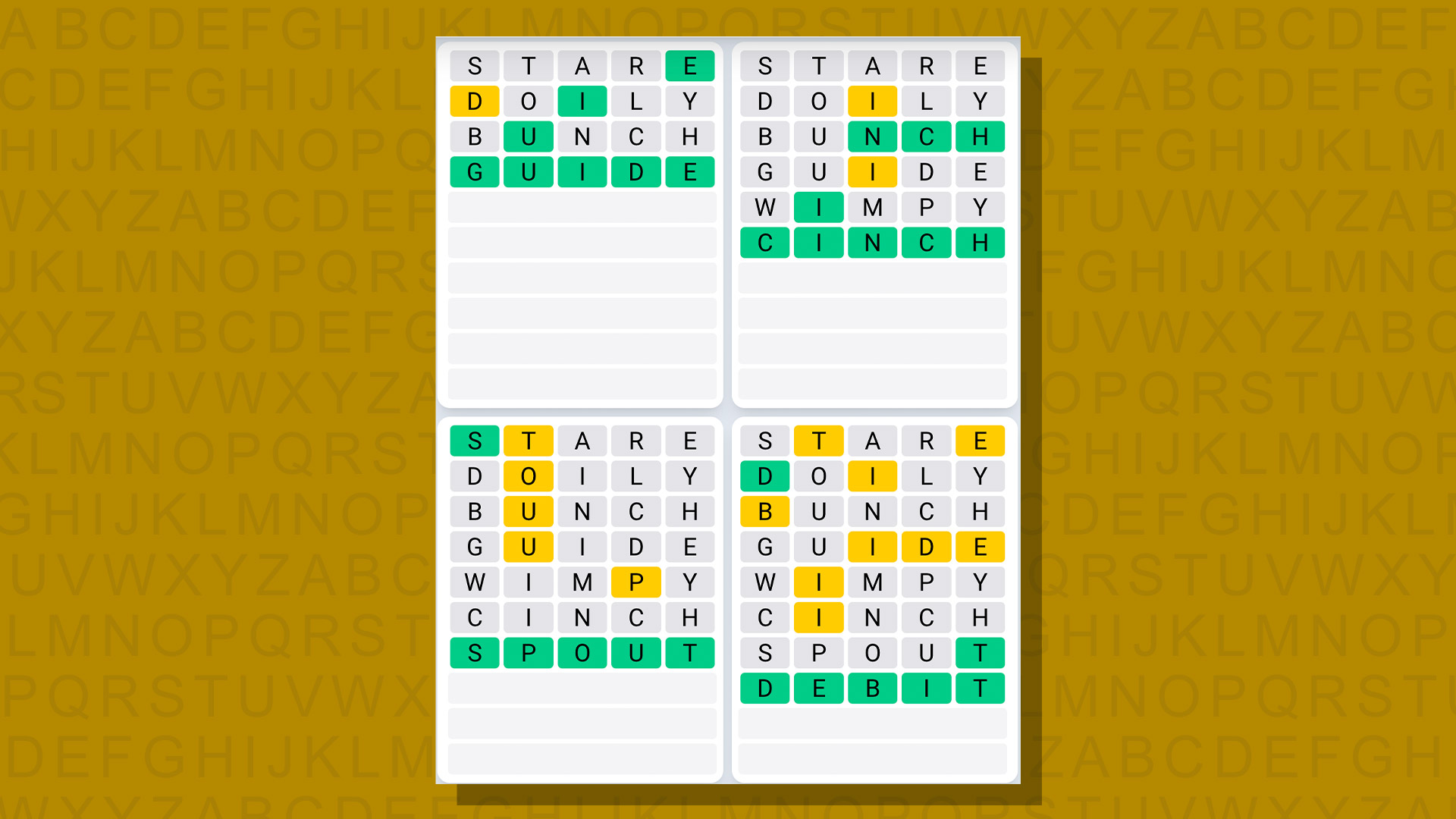 Quordle daily sequence answers for game 667 on yellow background