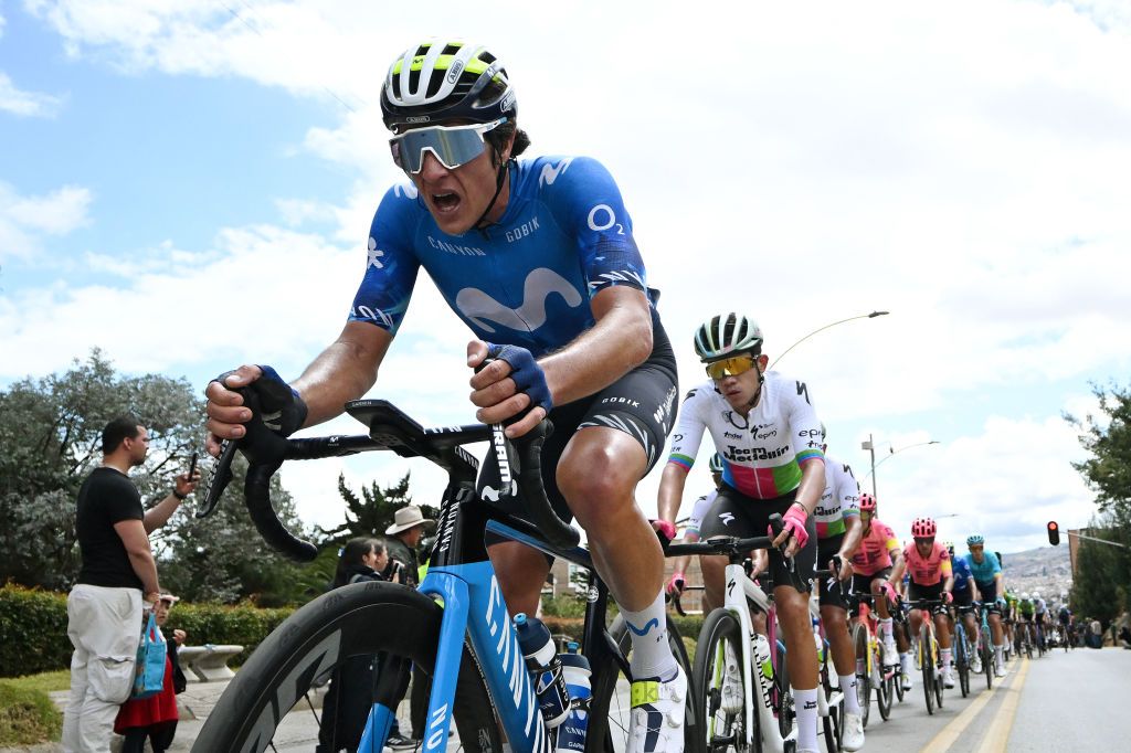 SANTA ROSA DE VITERBO COLOMBIA FEBRUARY 07 Vinicius Rangel of Brasil and Movistar Team leads the peloton during the 4th Tour Colombia 2024 Stage 2 a 1686km stage from Paipa to Santa Rosa de Viterbo 2751m on February 07 2024 in Santa Rosa de Viterbo Colombia Photo by Maximiliano BlancoGetty Images