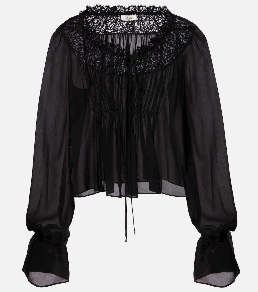 Gathered Lace-Trimmed Silk Georgette Blouse