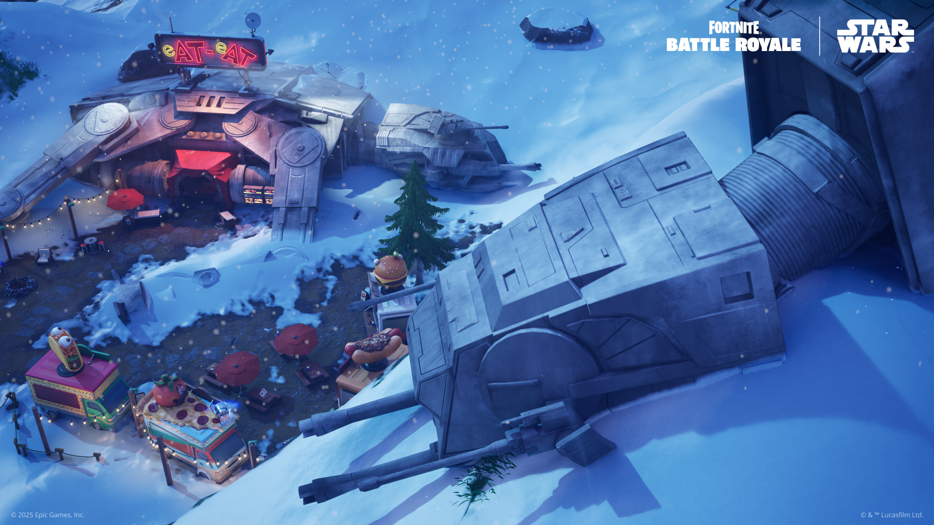 A crashed AT-AT repurposed as a food court in the snow