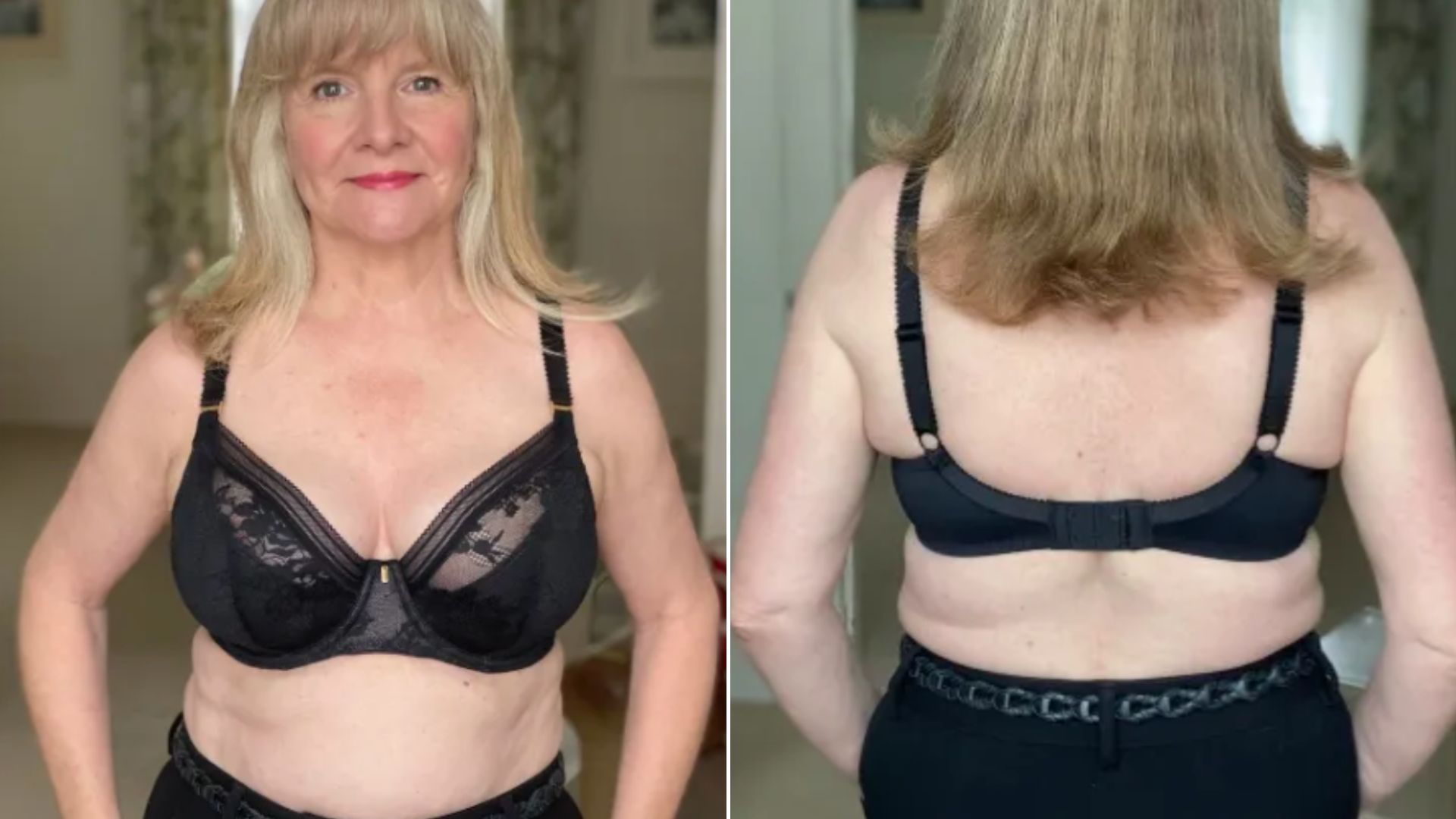 Two images of Julie Player testing the Fantasie Fusion Lace Padded Plunge Bra