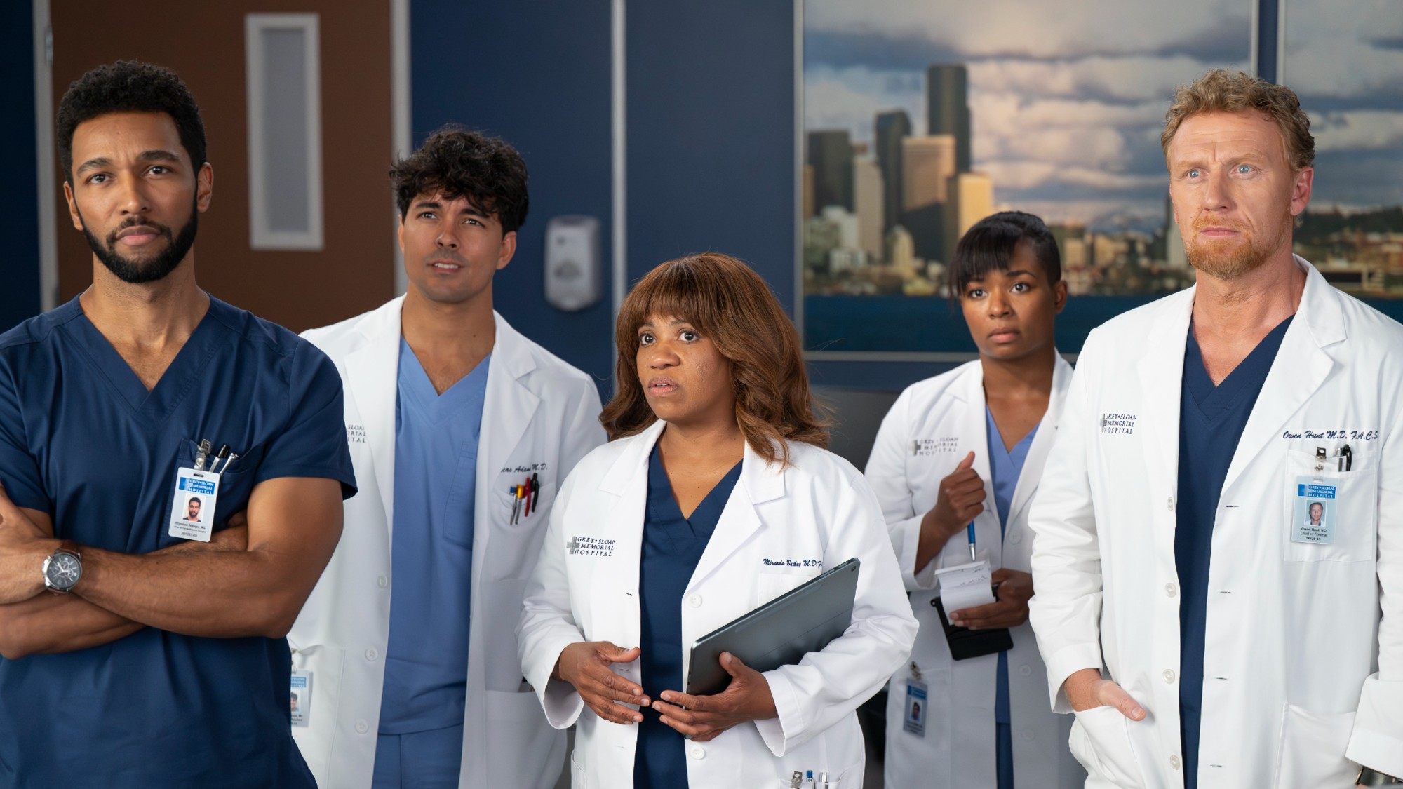 Winston, Lucas, Bailey, Griffith, and Owen looking serious on Grey's Anatomy.