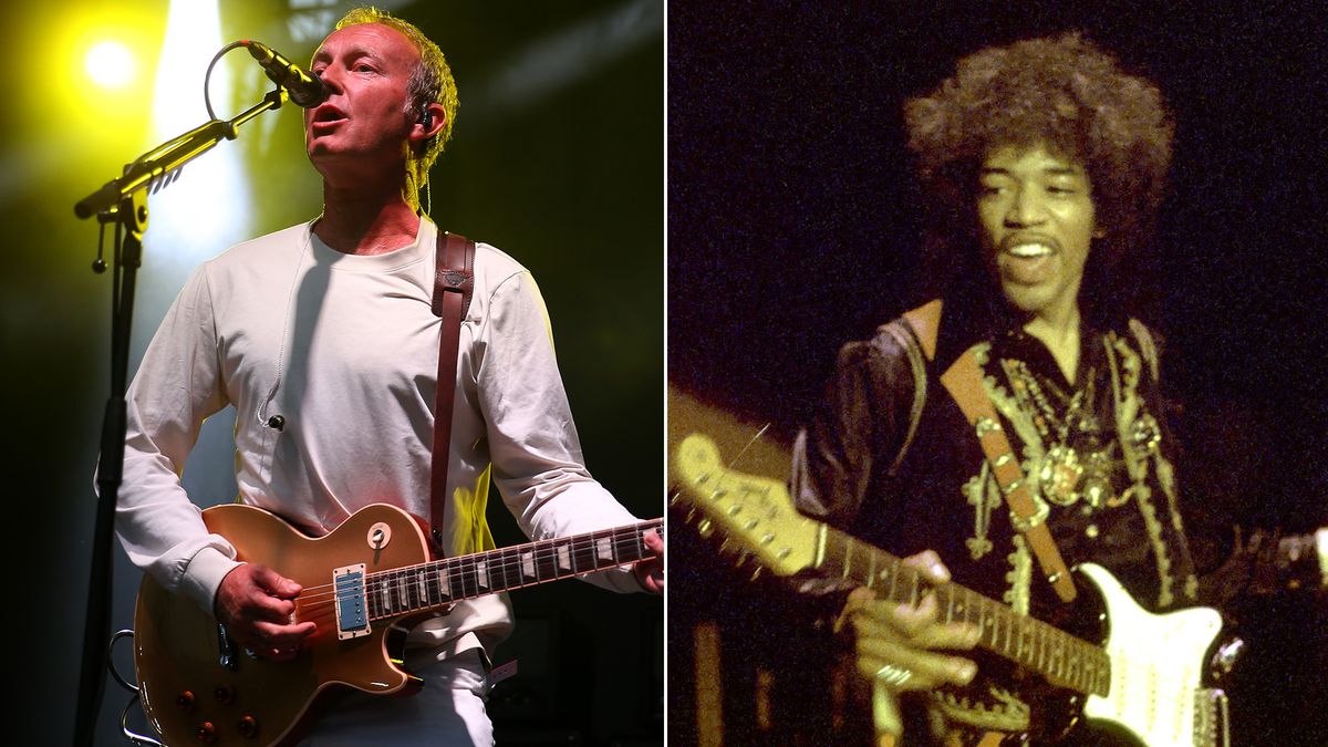 Steve Cradock of Ocean Colour Scene performs during the 2022 Splendour Festival at Wollaton Park on July 24, 2022 in Nottingham, England AND Guitarist Jimi Hendrix performs onstage in 1968