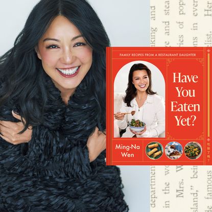 a split image of actress ming-na wen posing smiling hugging herself wearing a black furry coat opposite an image of the cover of her cookbook have you eaten yet
