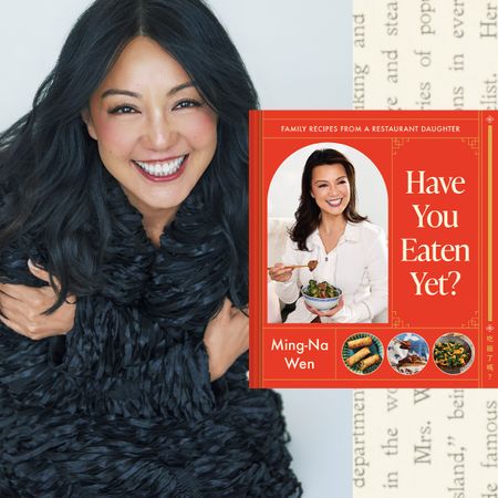 a split image of actress ming-na wen posing smiling hugging herself wearing a black furry coat opposite an image of the cover of her cookbook have you eaten yet