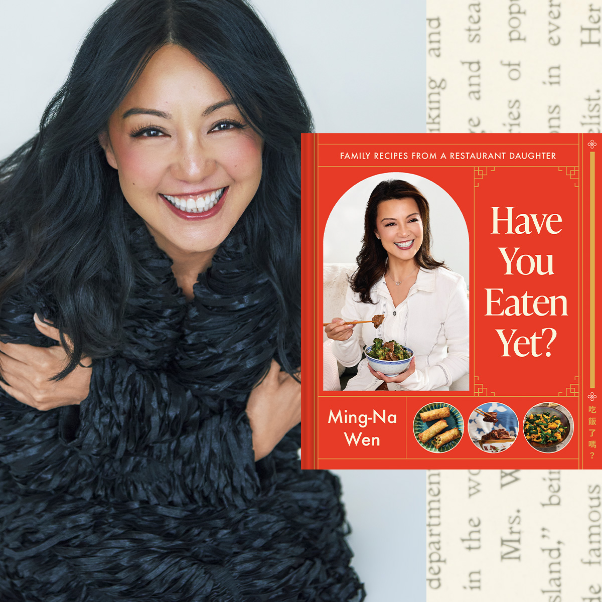 a split image of actress ming-na wen posing smiling hugging herself wearing a black furry coat opposite an image of the cover of her cookbook have you eaten yet