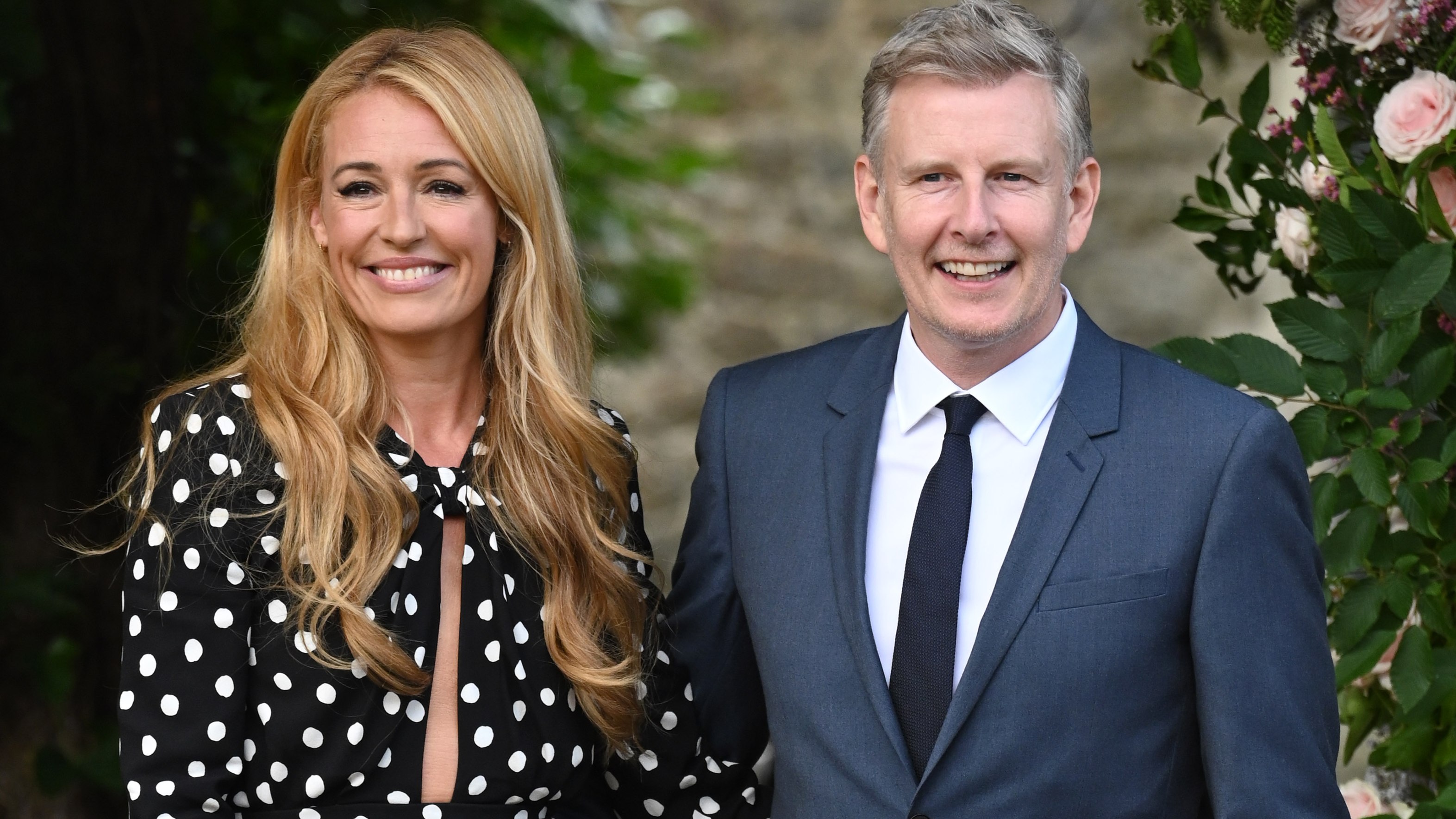 Cat Deeley and Patrick Kielty seen arriving at the wedding of Ant McPartlin and Anne-Marie Corbett at St Michael&#039;s Church in Heckfield on August 07, 2021 in Hook, Hampshire
