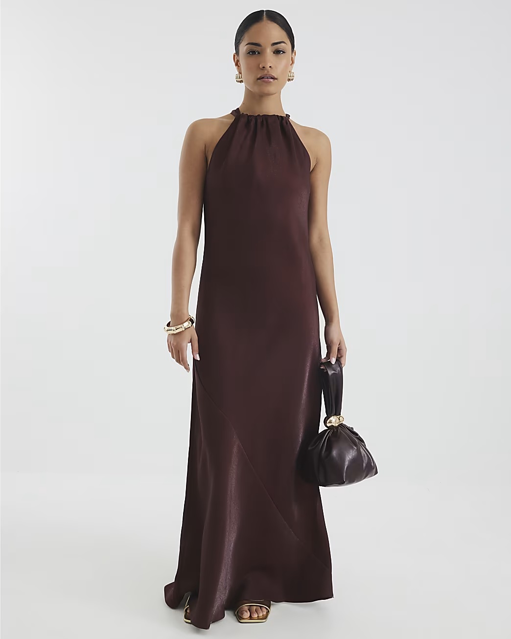 Petite Brown Satin Halter Neck Maxi Dress