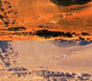 Two satellite photos next to each other showing how far sand dunes have moved