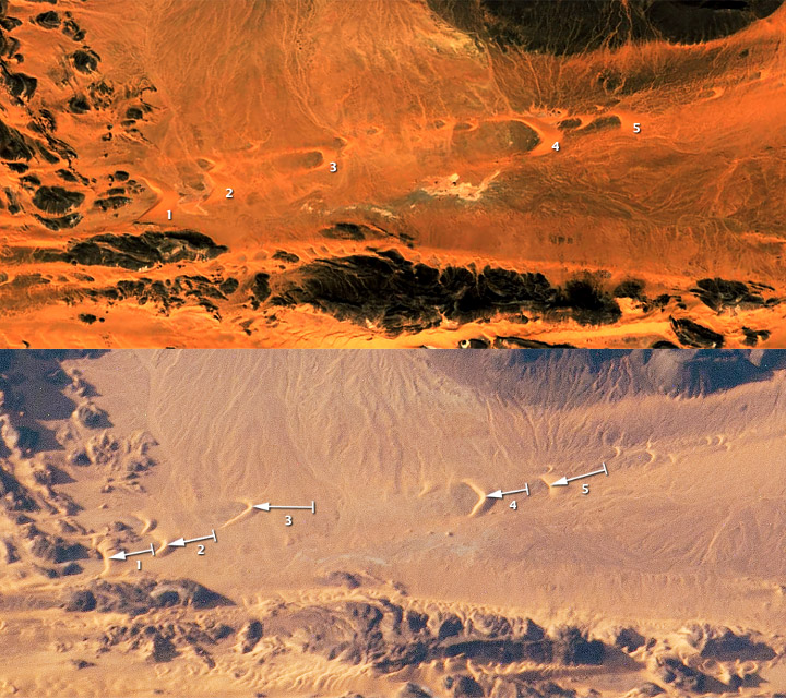 Two satellite photos next to each other showing how far sand dunes have moved