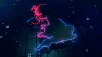 A digital image of the UK, rendered in glowing lines against a digital backdrop to represent UK cyber security