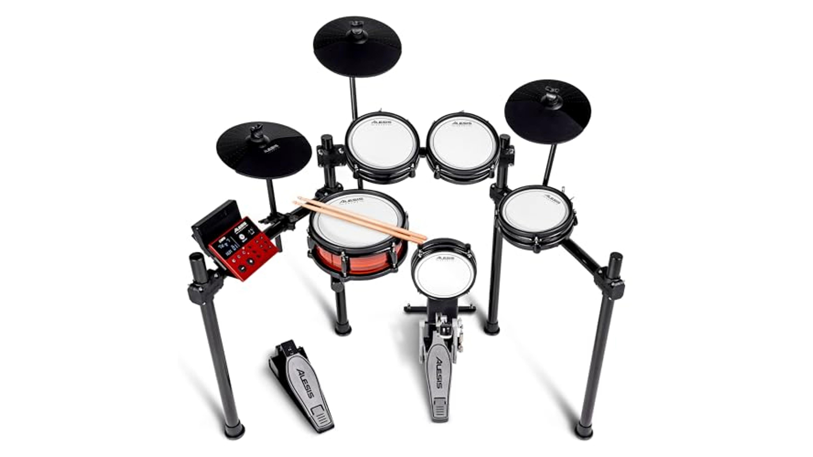 Overhead view of Alesis Nitro Pro drum set on a white background