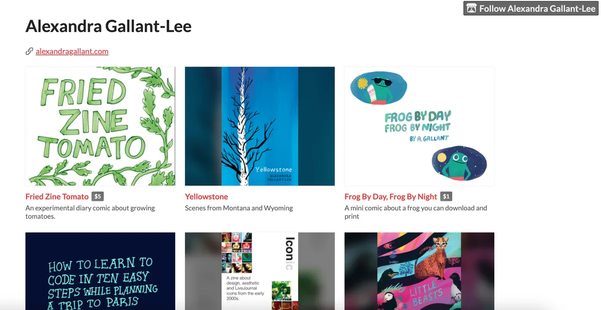 Screenshot of zines sold by artist Alexandra Gallant-Lee