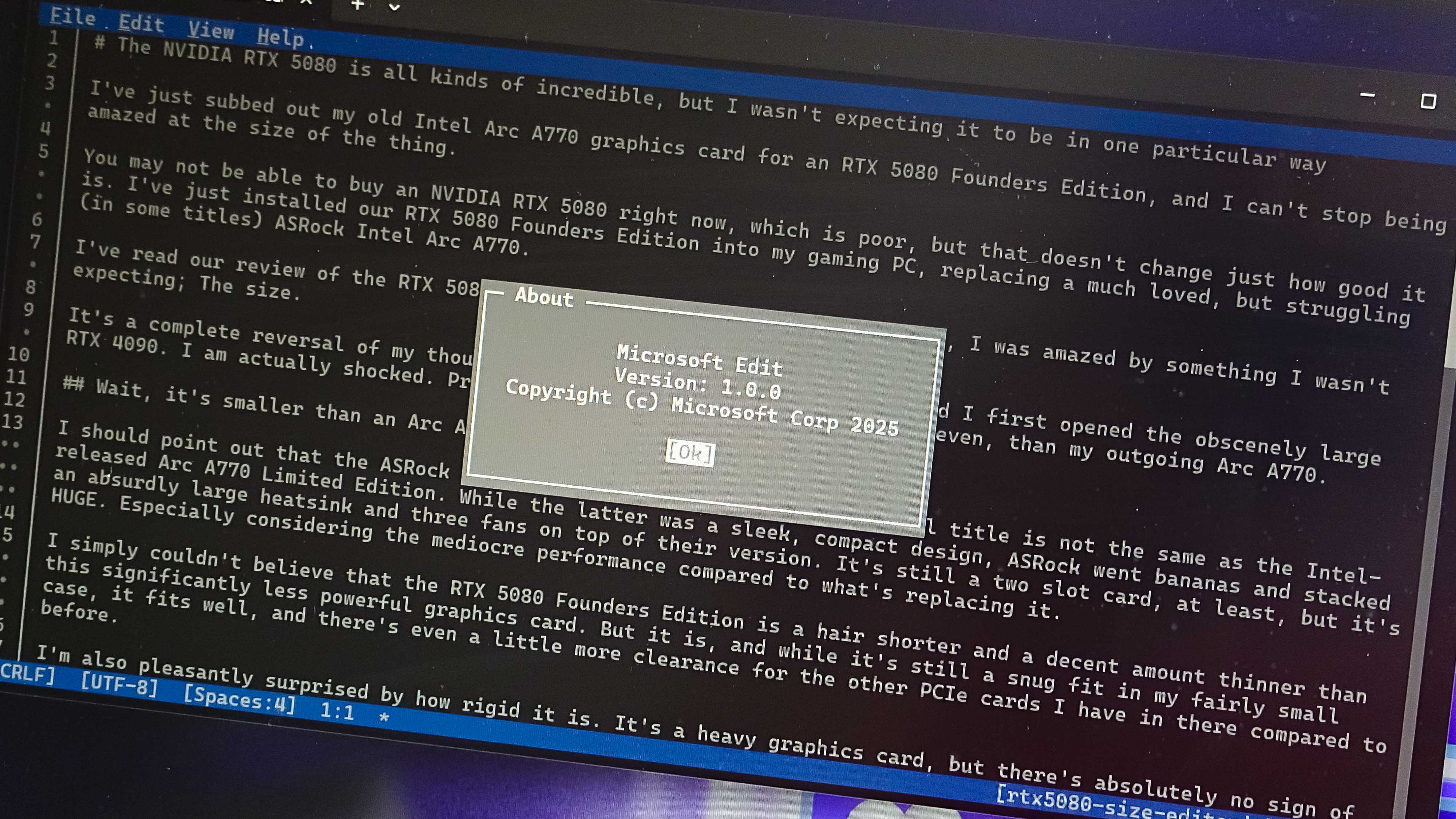 The new Microsoft Edit text editor running inside Windows Terminal.