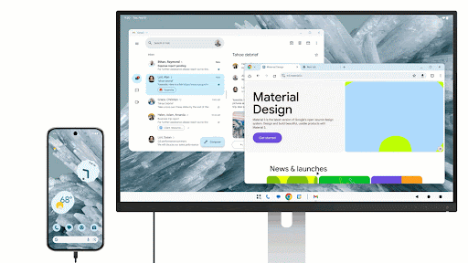 Android 16 connected displays feature showing the desktop experience on a display while the phone retains its own state.