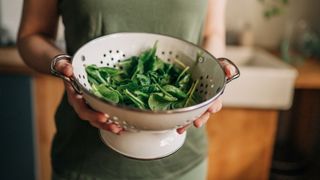 Woman holding colander of spinach in kitchen