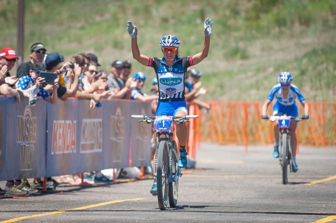 Katerina Nash (Luna) takes the win while Georgia Gould (Luna) looks on and comes in for second during the elite women's race.