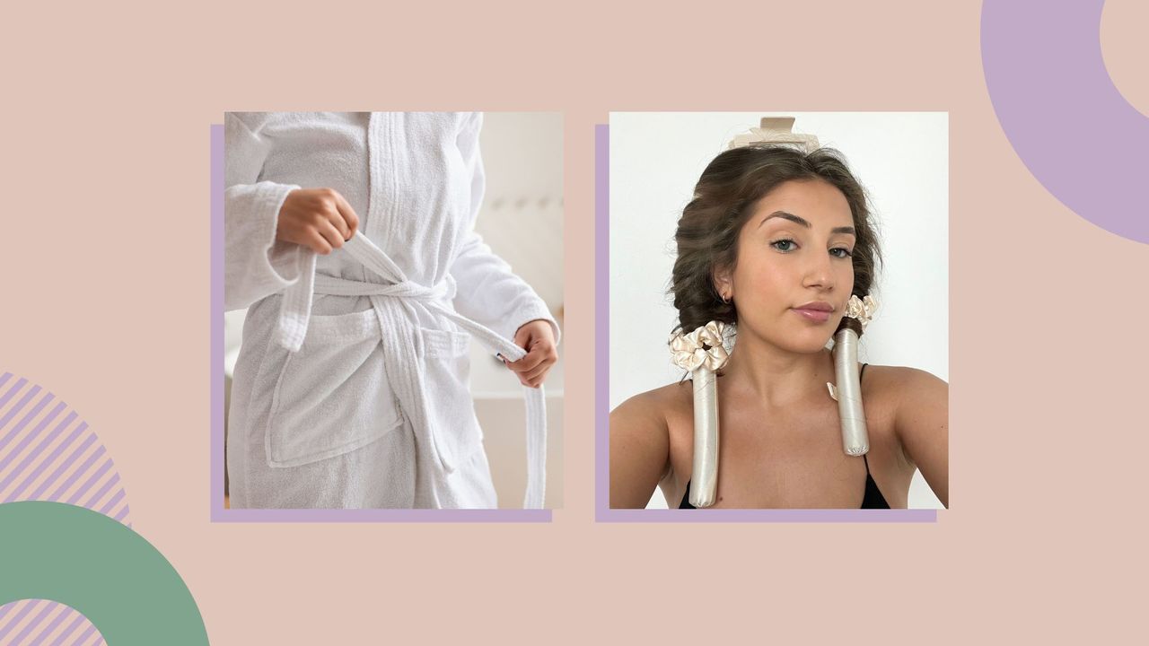 A collage of woman &amp; home&#039;s beauty assistant Darcy Brown trying dressing gown curls, plus a white robe being tied 