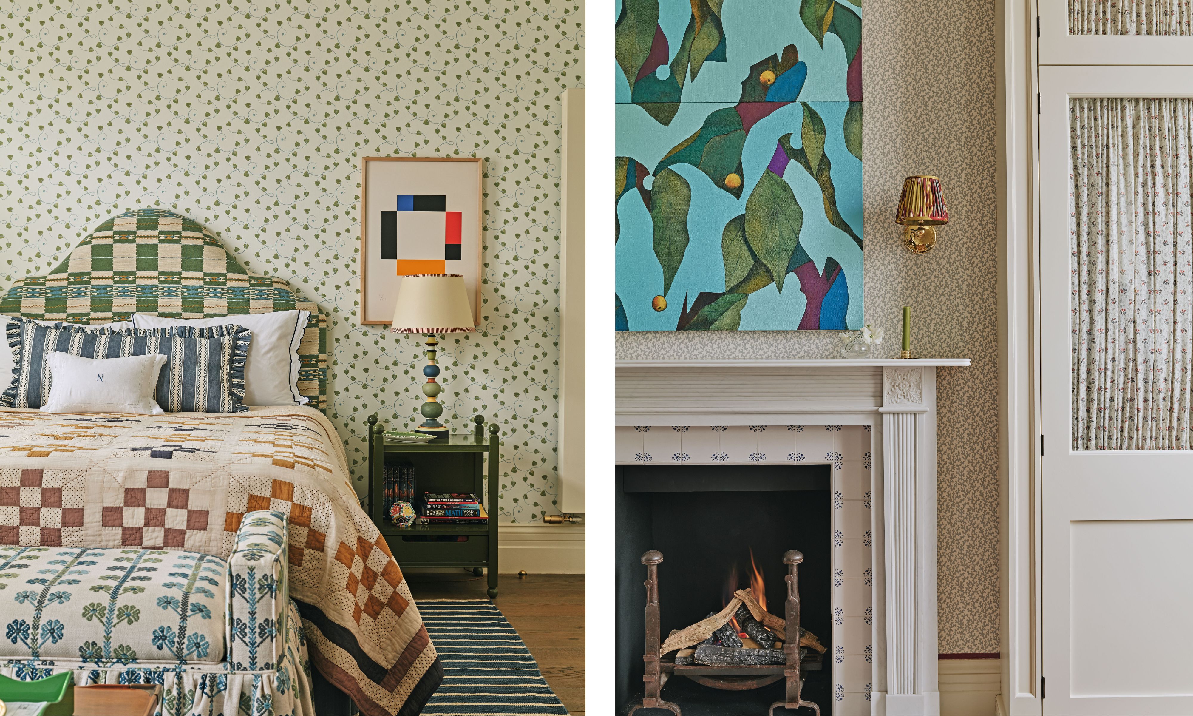 (Left) A bedroom with green leaf-patterned wallpaper and a patchwork quilt. (Right) A close-up of a white fireplace mantel under a bold blue and green botanical painting.