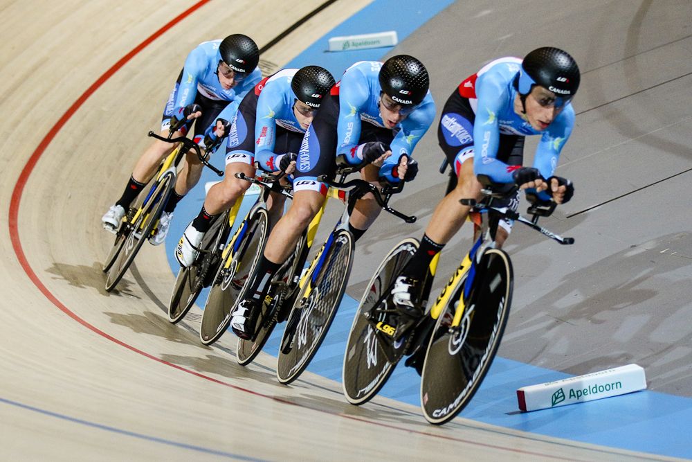 Team of Canada competes in the Men's Team Pursuit on day one of the UCI Track World Cup at Omnisport Apeldoorn