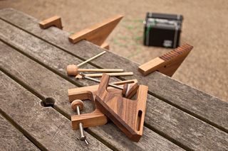 Wooden percussion instruments on a bench