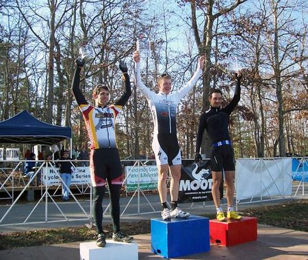 The Elite men's podium (l-r): Brian Matter (Gear Grinder), 3rd; Matt Shriver (Rocky Mountain Chocolate Factory), 1st; Davide Frattini (Team Fuji), 2nd.