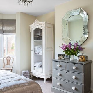 guest room with mirror on wall and flower pot