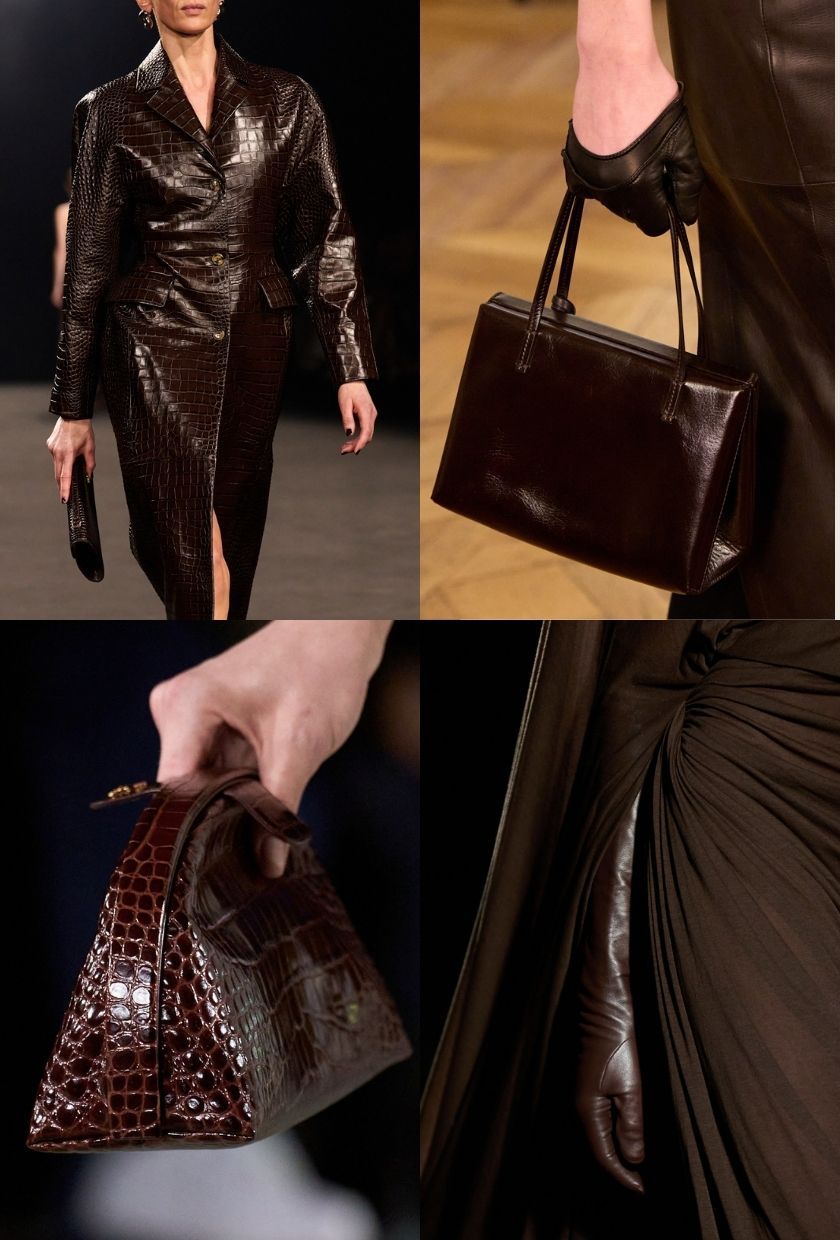 An espresso brown leather coat, gloves and bag, mini bag, gloves and dress on the Elie Saab, Magda Butrym, Chanel and Balenciaga Autumn/Winter 2026 runways.