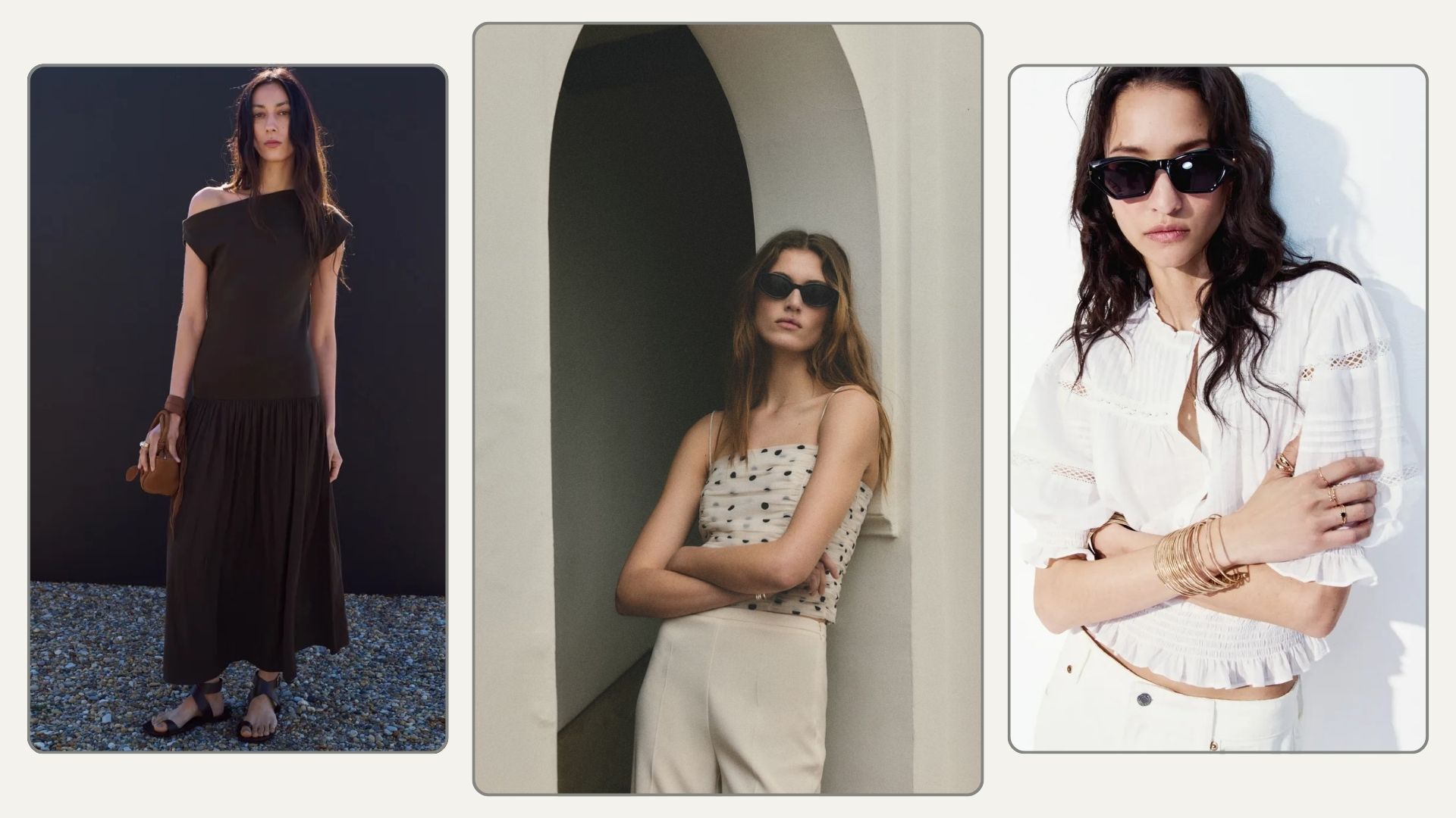  Woman wears brown dress; woman wears polka dot top and cream trousers; woman wears white blouse 