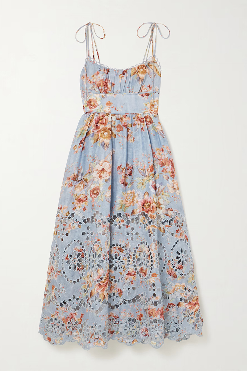 Awaken Floral-Print Broderie Anglaise Linen Midi Dress