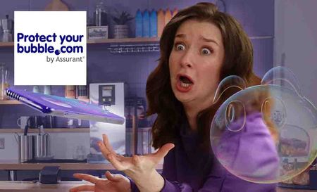 Protect your bubble logo placed over a woman in shock grabbing her floating phone