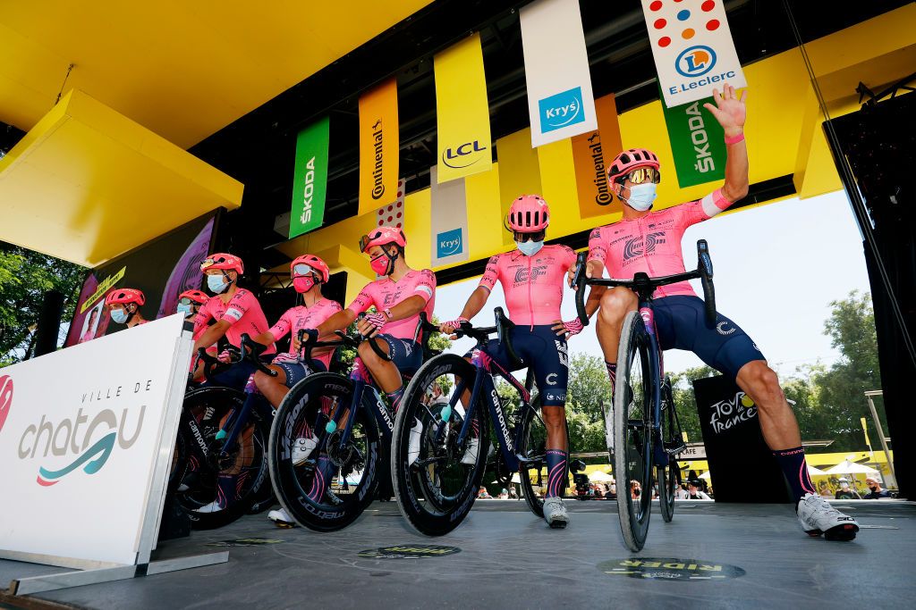 PARIS FRANCE JULY 18 Sergio Higuita of Colombia Rigoberto Urn of Colombia Magnus Cort of Denmark Neilson Powless of The United States Stefan Bissegger of Switzerland Michael Valgren of Denmark Ruben Guerreiro of Portugal Jonas Rutsch of Germany and Team EF Education Nippo at start during the 108th Tour de France 2021 Stage 21 a 1084km stage from Chatou to Paris Champslyses LeTour TDF2021 on July 18 2021 in Paris France Photo by Chris GraythenGetty Images