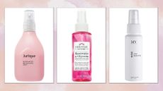 Collage of rose water sprays from (L-R) Jurlique, Heritage Store, MV Skintherapy, on a pink watercolour background