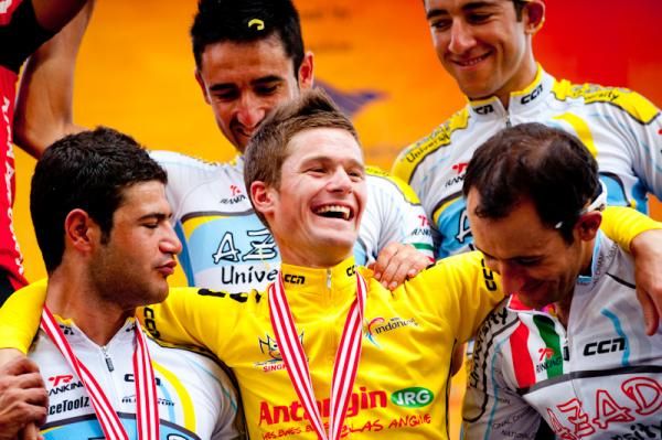 Oscar Pujol (Azad University Cross Team) is thrilled with his first yellow jersey