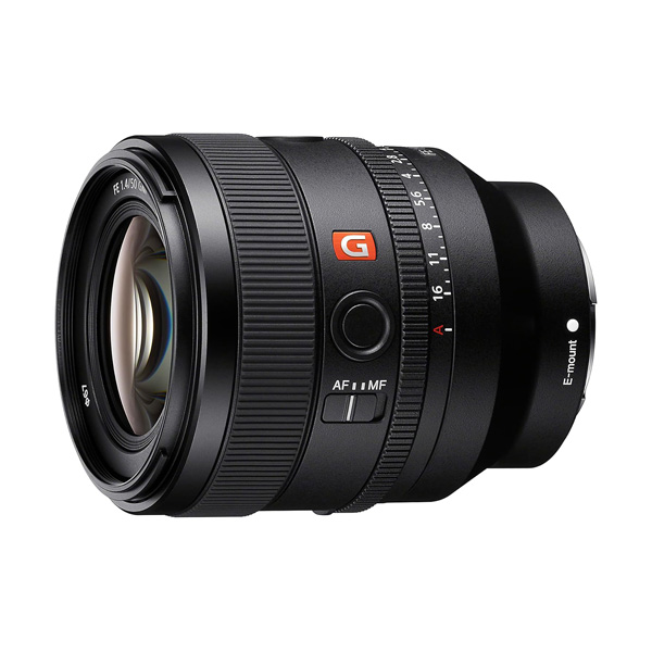 A Sony FE 50mm f/1.4 GM lens on a white background
