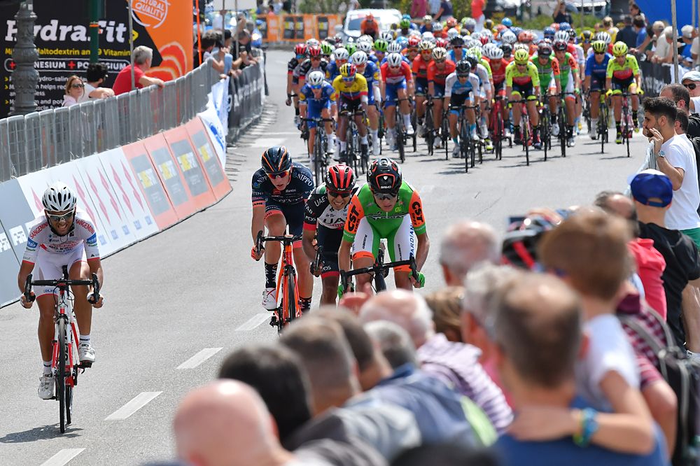 The breakaway is caught with two laps to go at stage 5 of Adriatica Ionica Race
