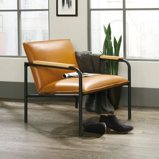 camel metal and leather lounge chair