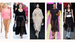 5 models on the runway in sheer clothing