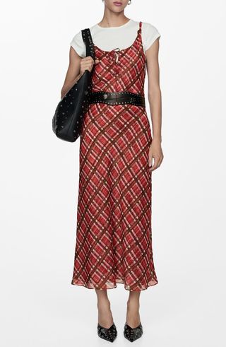 Check Tie Neck Midi Dress