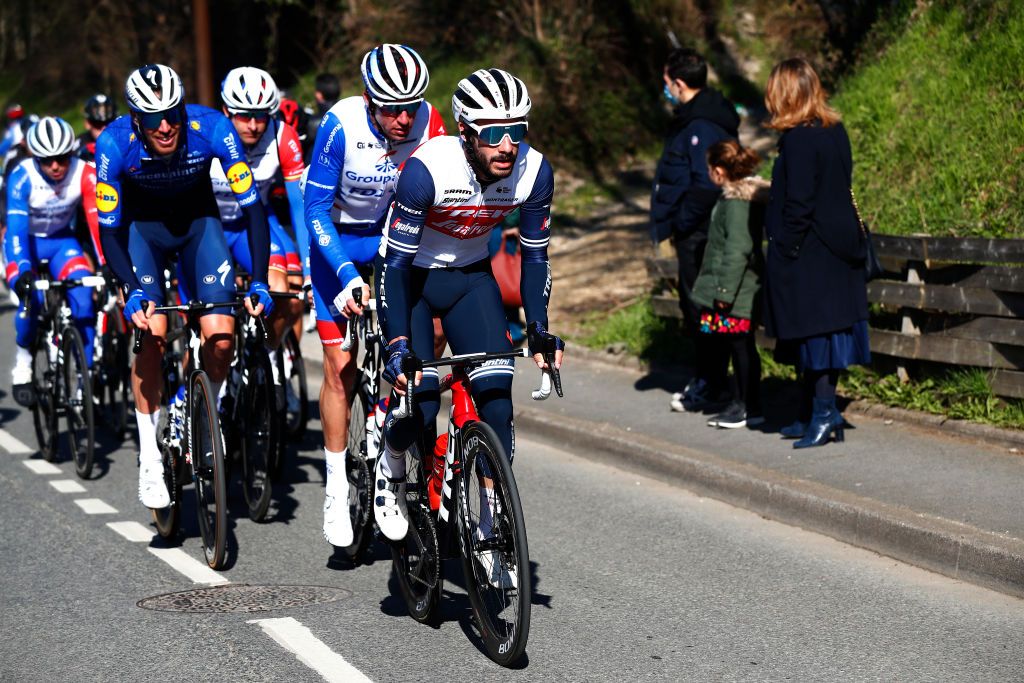SAINTCYRLECOLE FRANCE MARCH 07 Tim Declercq of Belgium and Team Deceuninck QuickStep Bruno Armirail of France and Team Groupama FDJ Julien Bernard of France and Team Trek Segafredo during the 79th Paris Nice 2021 Stage 1 a 166km stage from SaintCyrlEcole to SaintCyrlEcole ParisNice on March 07 2021 in SaintCyrlEcole France Photo by Bas CzerwinskiGetty Images
