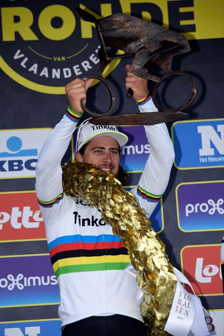 Peter Sagan (Tinkoff) on the podium at the 100th Tour of Flanders